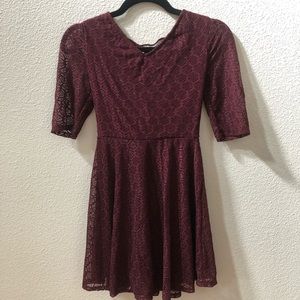 Love, fire maroon lace mini dress. Lace up back!